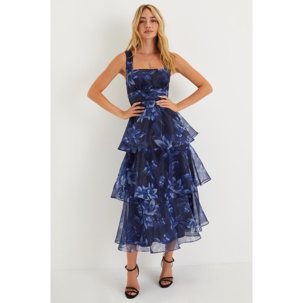 Lulus Dramatic Glamour Navy Blue Floral Organza Tiered Midi Dress - Size XL